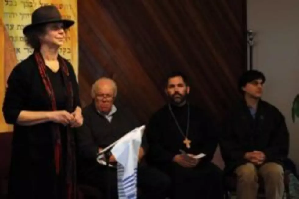 Laurie Franklin, a student rabbi and spiritual leader at Har Shalom, joins other religious leaders in Missoula on Tuesday to push back against recent acts of bigotry and hate. (Martin Kidston/Missoula Current)