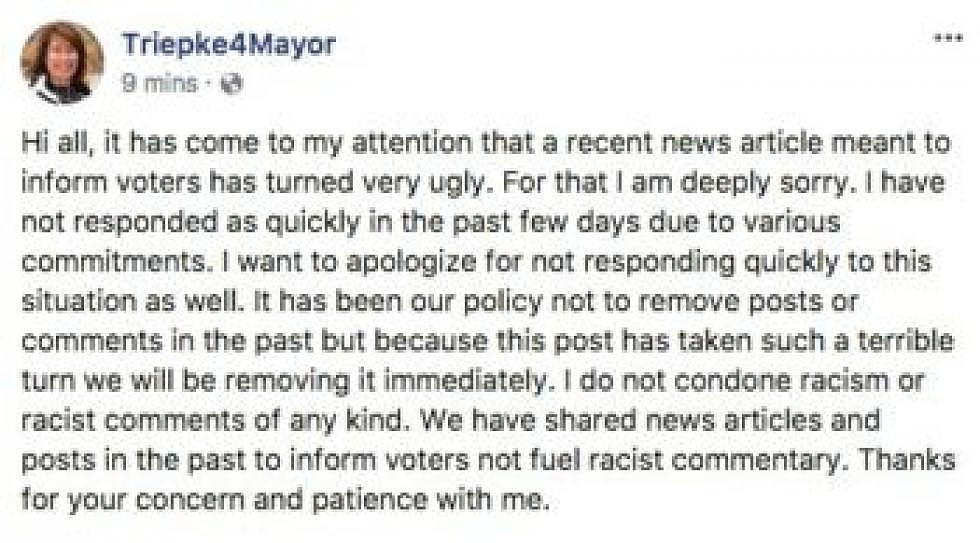 Screenshot of Triepke's Facebook response.