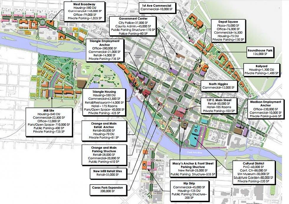 The original Downtown Master Plan envisioned a number of different uses across the district, many of which have taken place.
