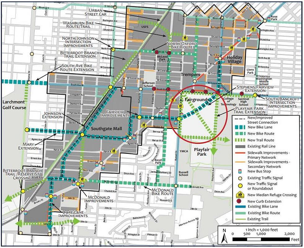 A 2011 needs assessment for the Midtown district envisioned a number of new trails, including those crossing the Missoula County Fairgrounds. (Missoula Redevelopment Agency)